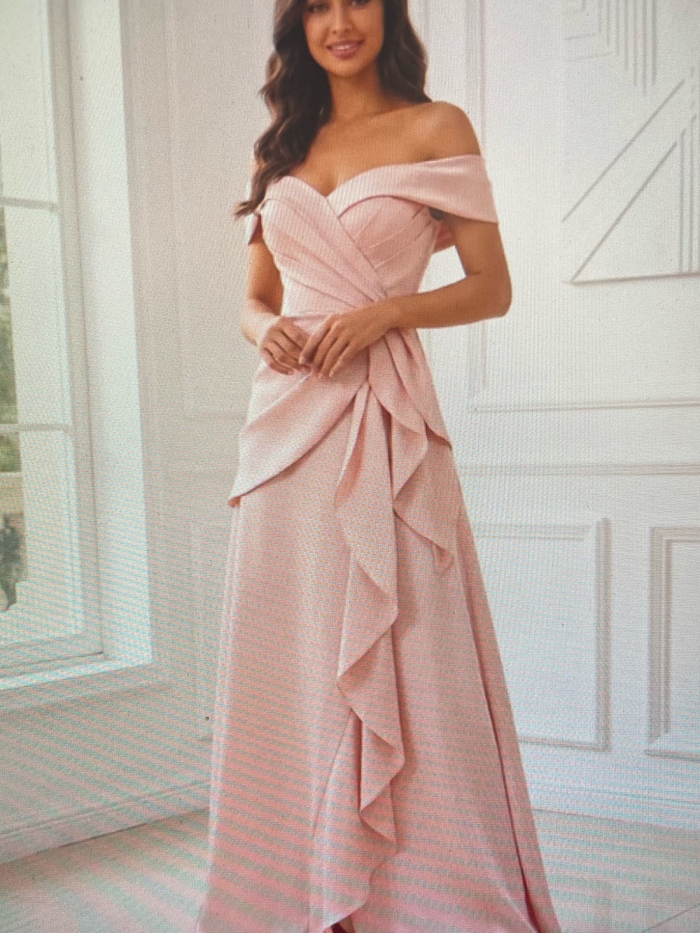 Off-Shoulder Blue not pink only color they showed in Ruffle A-Line Dress